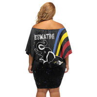 Eswatini Elephant Family Matching Off Shoulder Short Dress and Hawaiian Shirt with Cosmic Background and Swazi Flag Colors
