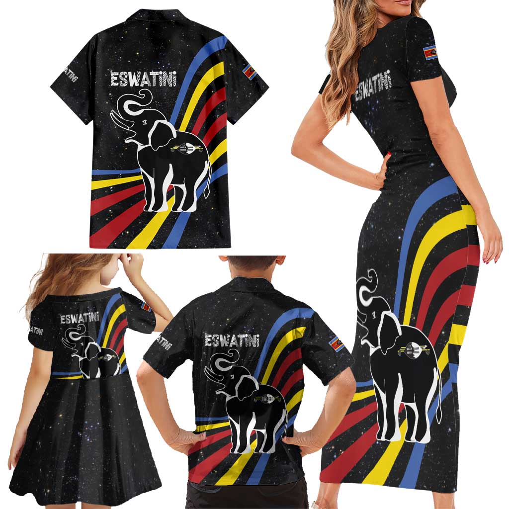 Eswatini Elephant Family Matching Short Sleeve Bodycon Dress and Hawaiian Shirt with Cosmic Background and Swazi Flag Colors