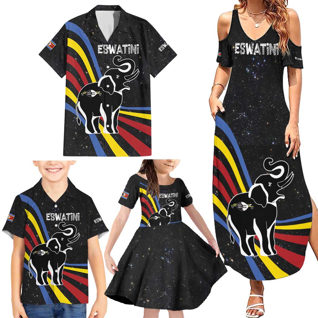 Eswatini Elephant Family Matching Summer Maxi Dress and Hawaiian Shirt with Cosmic Background and Swazi Flag Colors