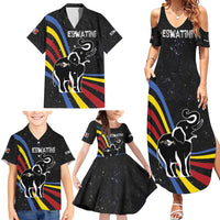Eswatini Elephant Family Matching Summer Maxi Dress and Hawaiian Shirt with Cosmic Background and Swazi Flag Colors