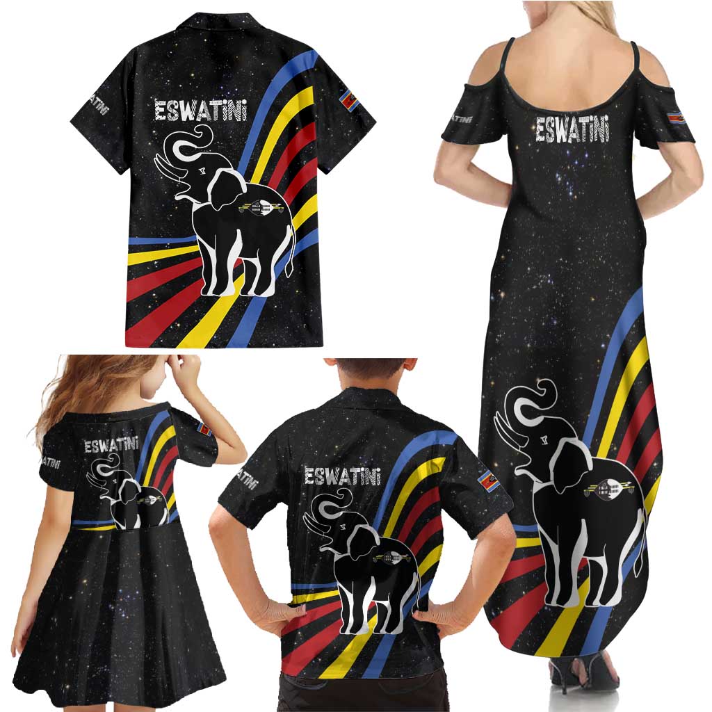 Eswatini Elephant Family Matching Summer Maxi Dress and Hawaiian Shirt with Cosmic Background and Swazi Flag Colors