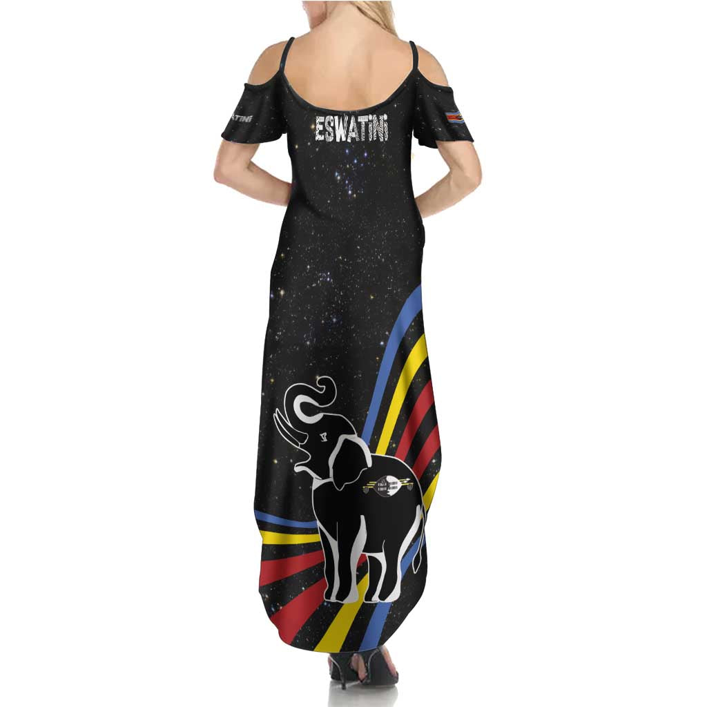 Eswatini Elephant Family Matching Summer Maxi Dress and Hawaiian Shirt with Cosmic Background and Swazi Flag Colors