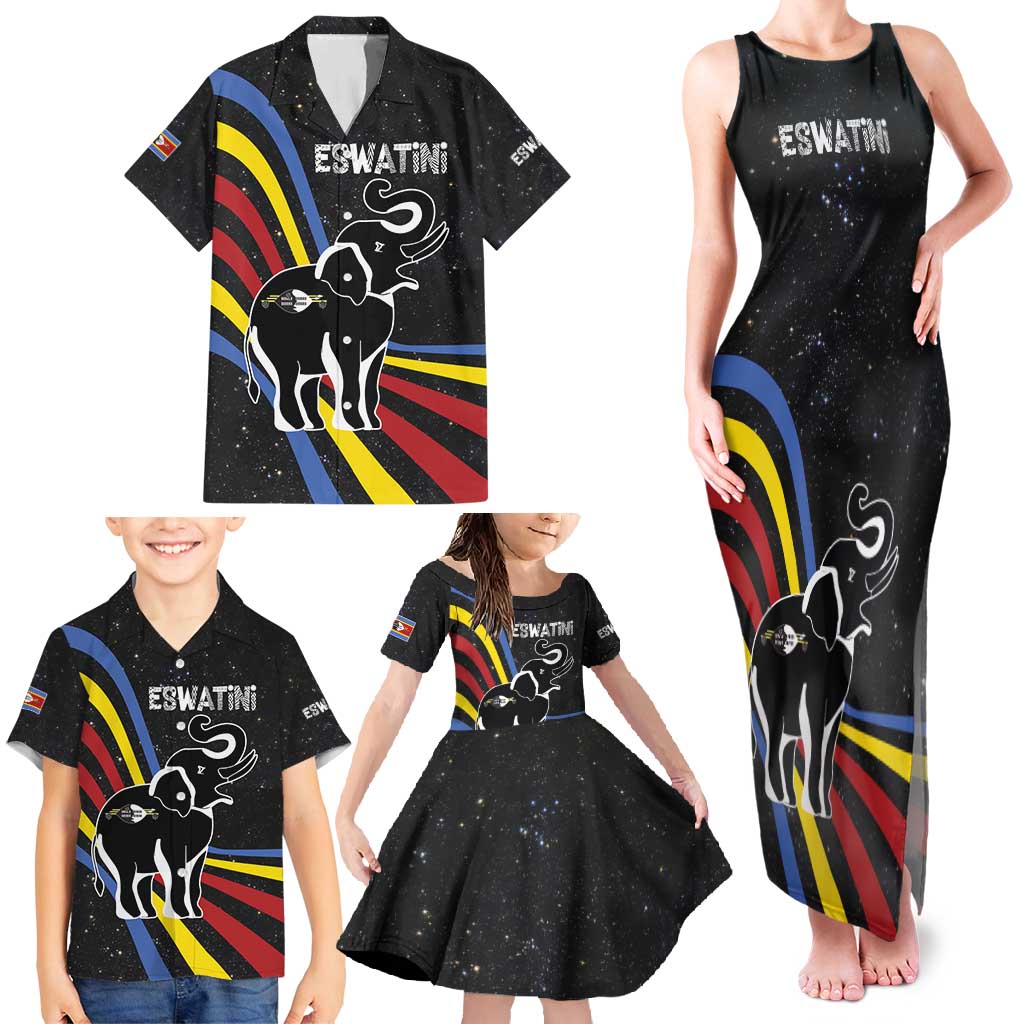 Eswatini Elephant Family Matching Tank Maxi Dress and Hawaiian Shirt with Cosmic Background and Swazi Flag Colors