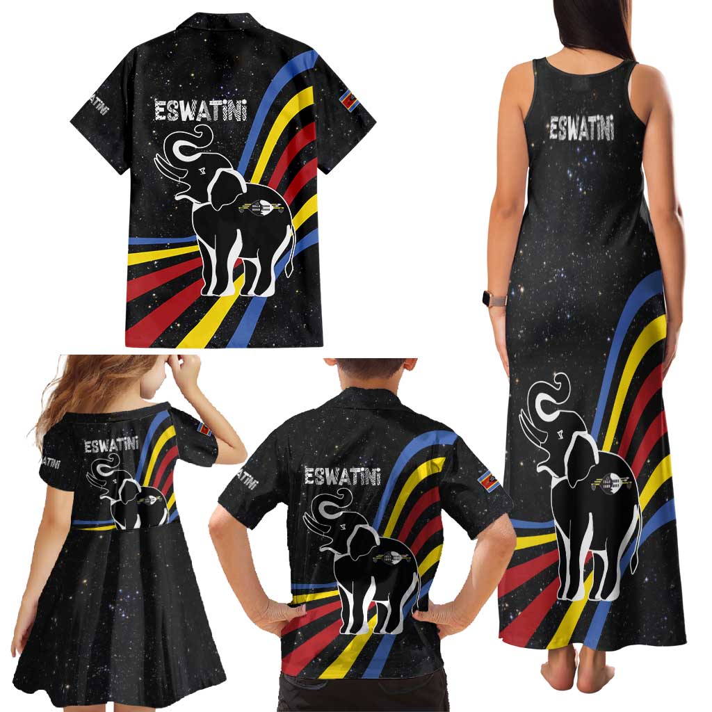 Eswatini Elephant Family Matching Tank Maxi Dress and Hawaiian Shirt with Cosmic Background and Swazi Flag Colors