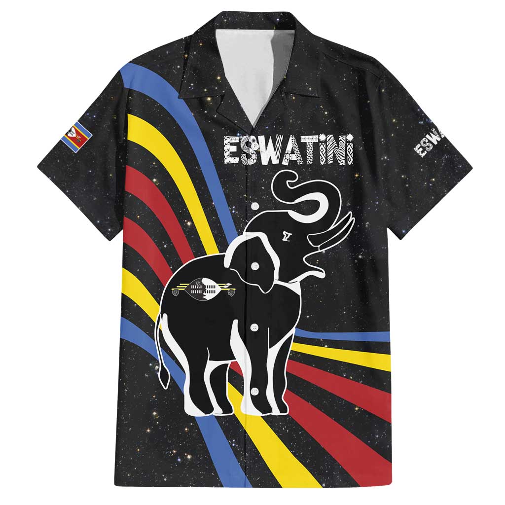 Eswatini Elephant Family Matching Tank Maxi Dress and Hawaiian Shirt with Cosmic Background and Swazi Flag Colors