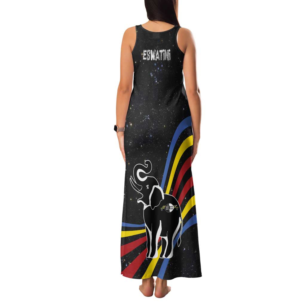 Eswatini Elephant Family Matching Tank Maxi Dress and Hawaiian Shirt with Cosmic Background and Swazi Flag Colors