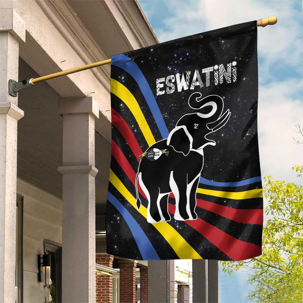 Eswatini Elephant Garden Flag with Cosmic Background and Swazi Flag Colors