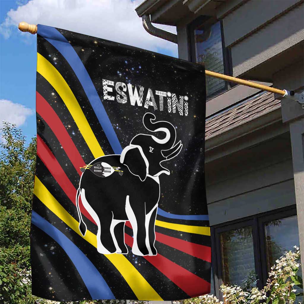 Eswatini Elephant Garden Flag with Cosmic Background and Swazi Flag Colors
