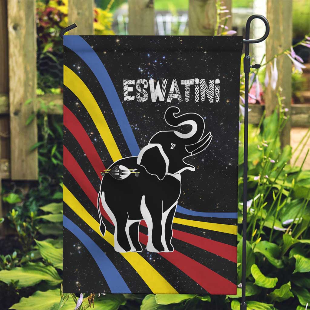 Eswatini Elephant Garden Flag with Cosmic Background and Swazi Flag Colors