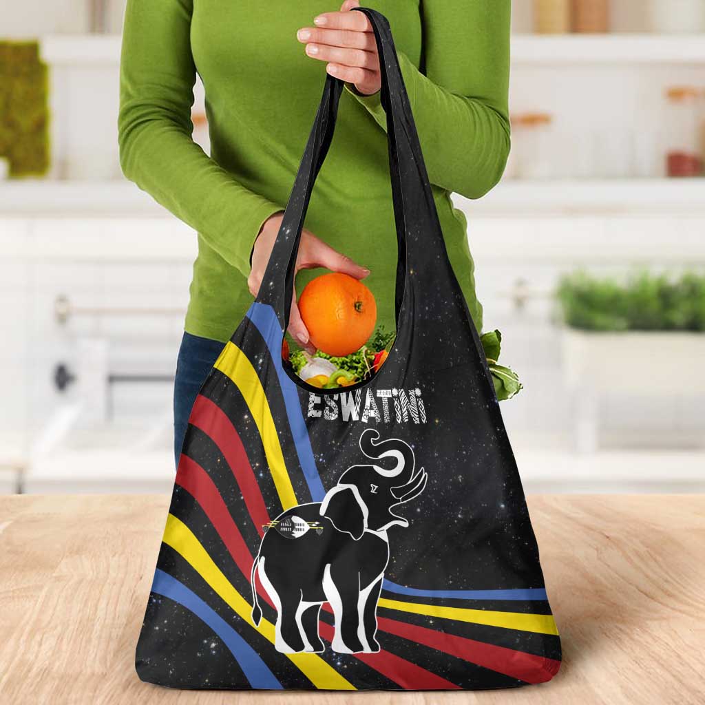 Eswatini Elephant Grocery Bag with Cosmic Background and Swazi Flag Colors