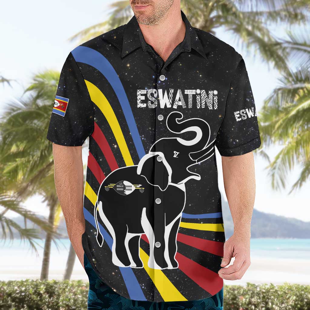 Eswatini Elephant Hawaiian Shirt with Cosmic Background and Swazi Flag Colors
