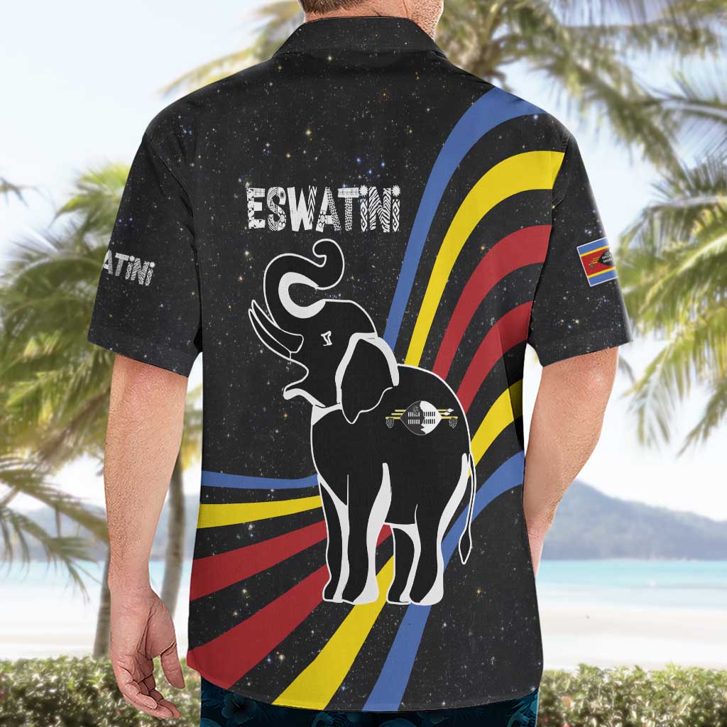 Eswatini Elephant Hawaiian Shirt with Cosmic Background and Swazi Flag Colors
