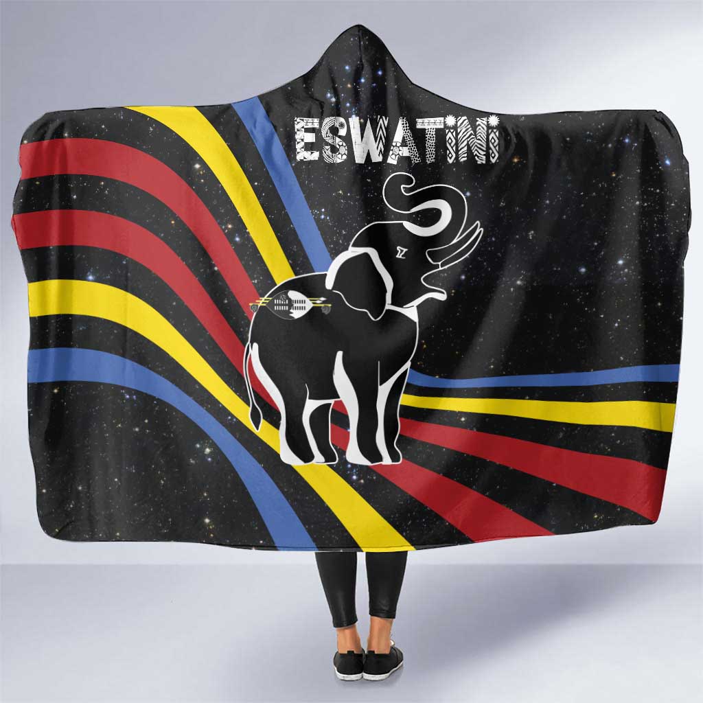 Eswatini Elephant Hooded Blanket with Cosmic Background and Swazi Flag Colors