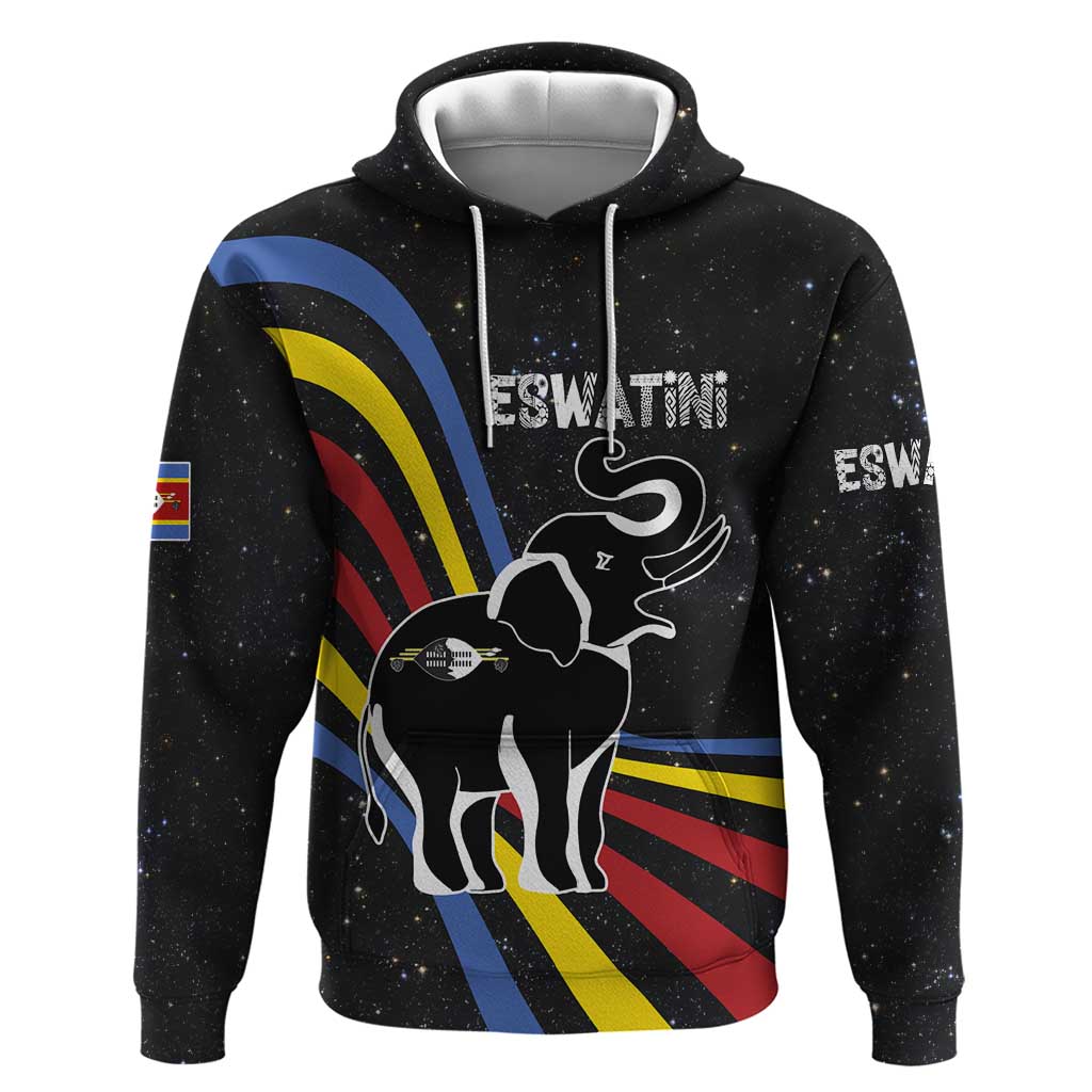 Eswatini Elephant Hoodie with Cosmic Background and Swazi Flag Colors