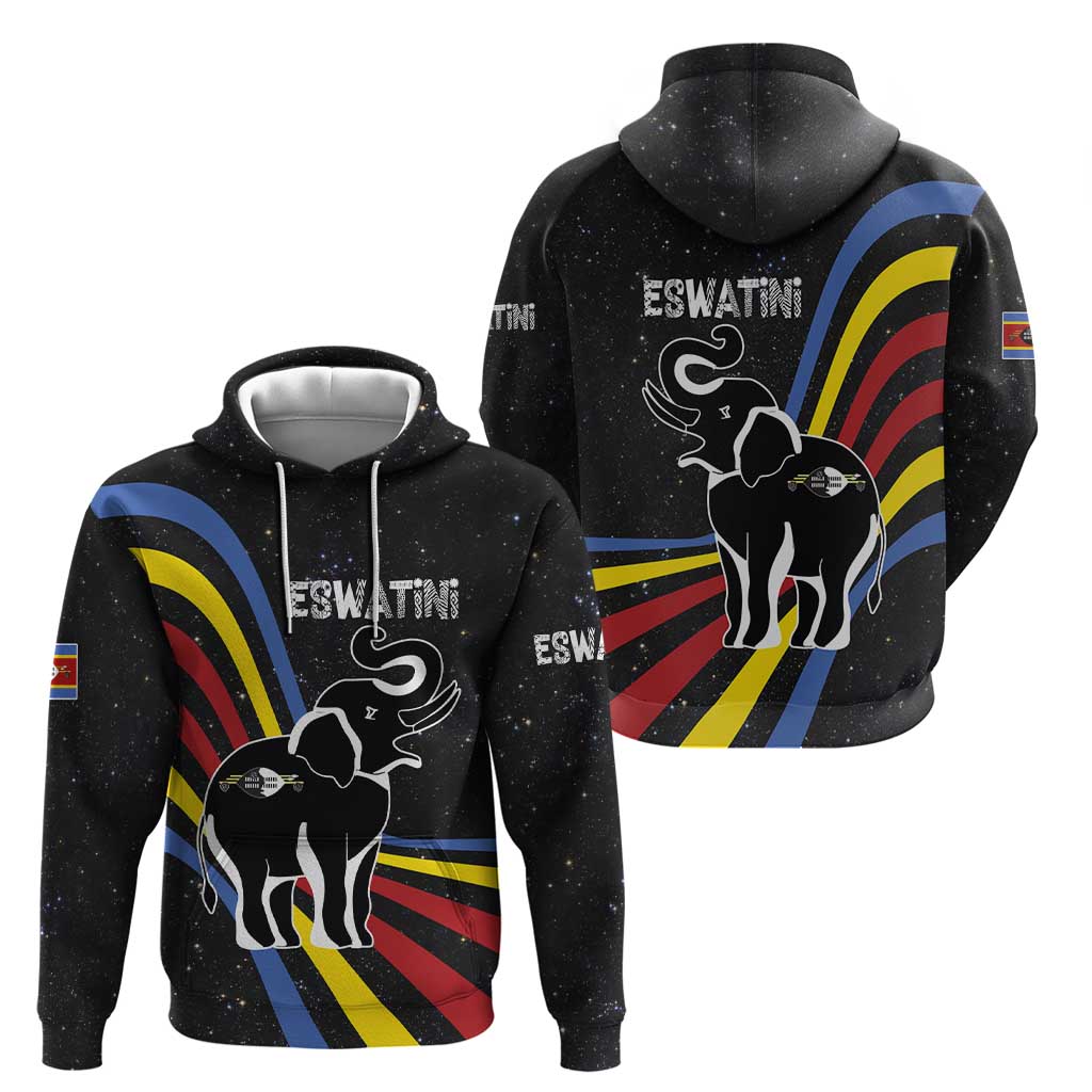 Eswatini Elephant Hoodie with Cosmic Background and Swazi Flag Colors