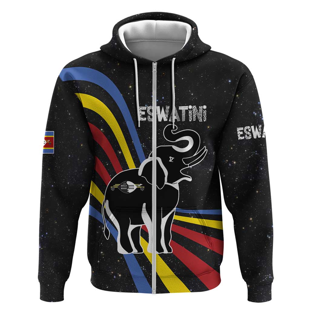 Eswatini Elephant Hoodie with Cosmic Background and Swazi Flag Colors