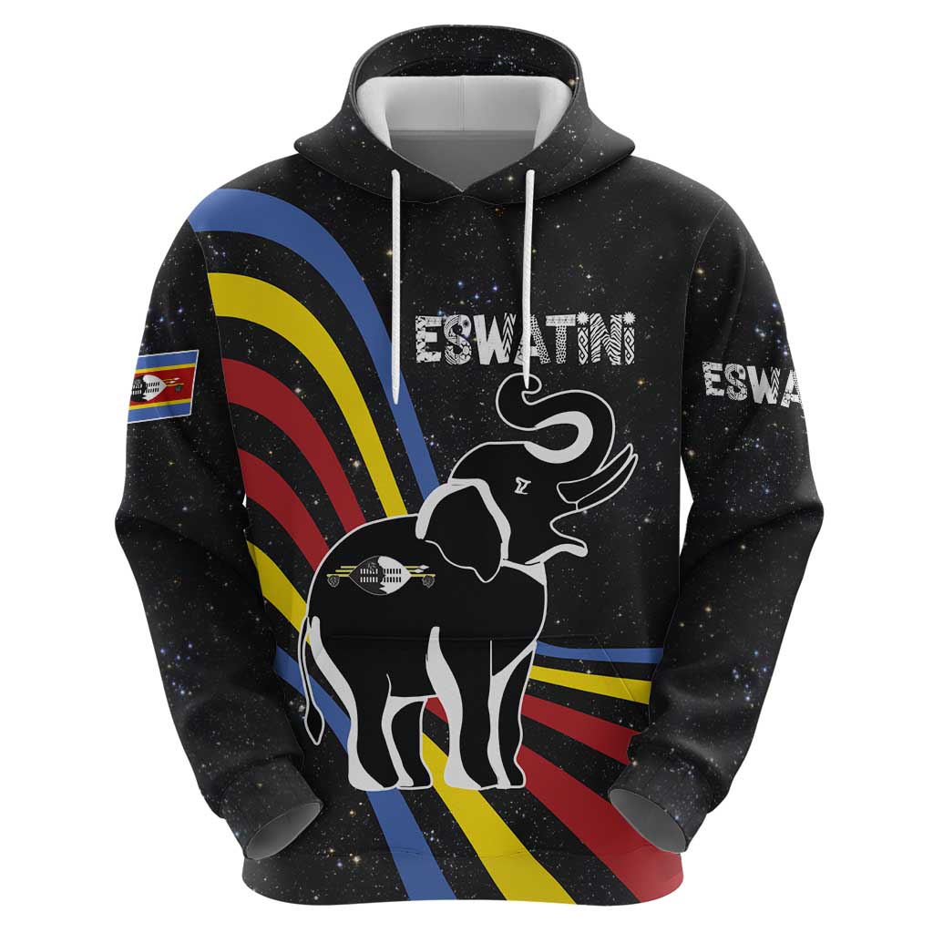 Eswatini Elephant Hoodie with Cosmic Background and Swazi Flag Colors