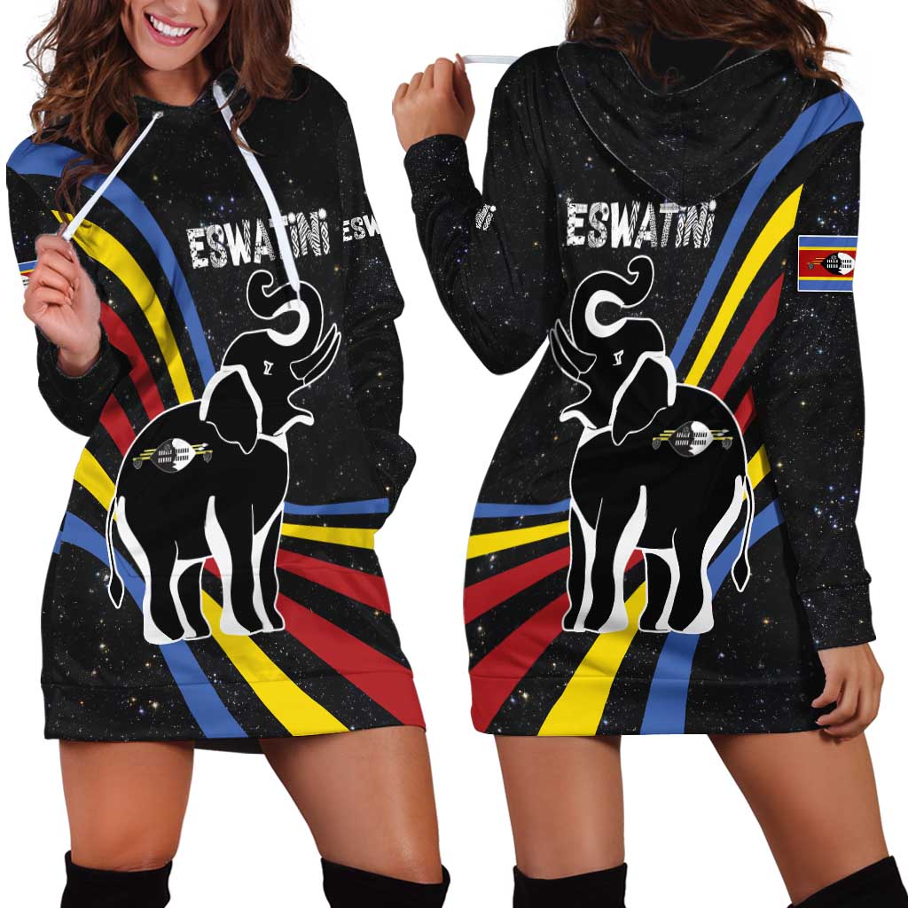 Eswatini Elephant Hoodie Dress with Cosmic Background and Swazi Flag Colors