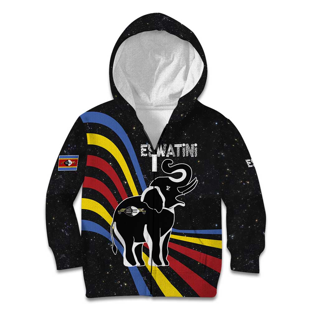 Eswatini Elephant Kid Hoodie with Cosmic Background and Swazi Flag Colors