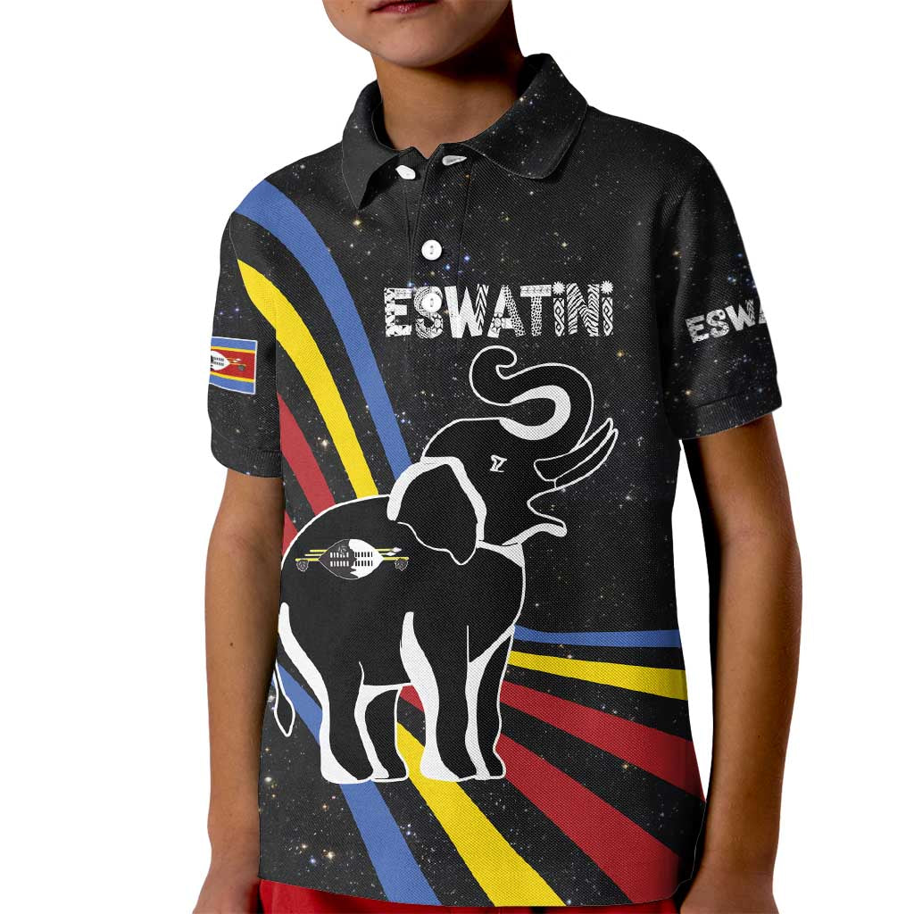 Eswatini Elephant Kid Polo Shirt with Cosmic Background and Swazi Flag Colors