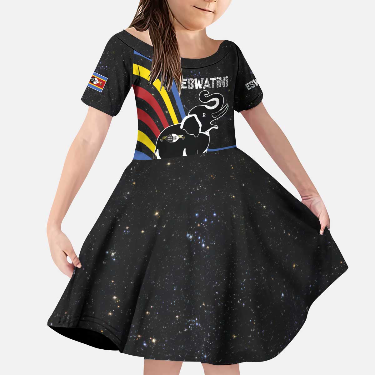 Eswatini Elephant Kid Short Sleeve Dress with Cosmic Background and Swazi Flag Colors