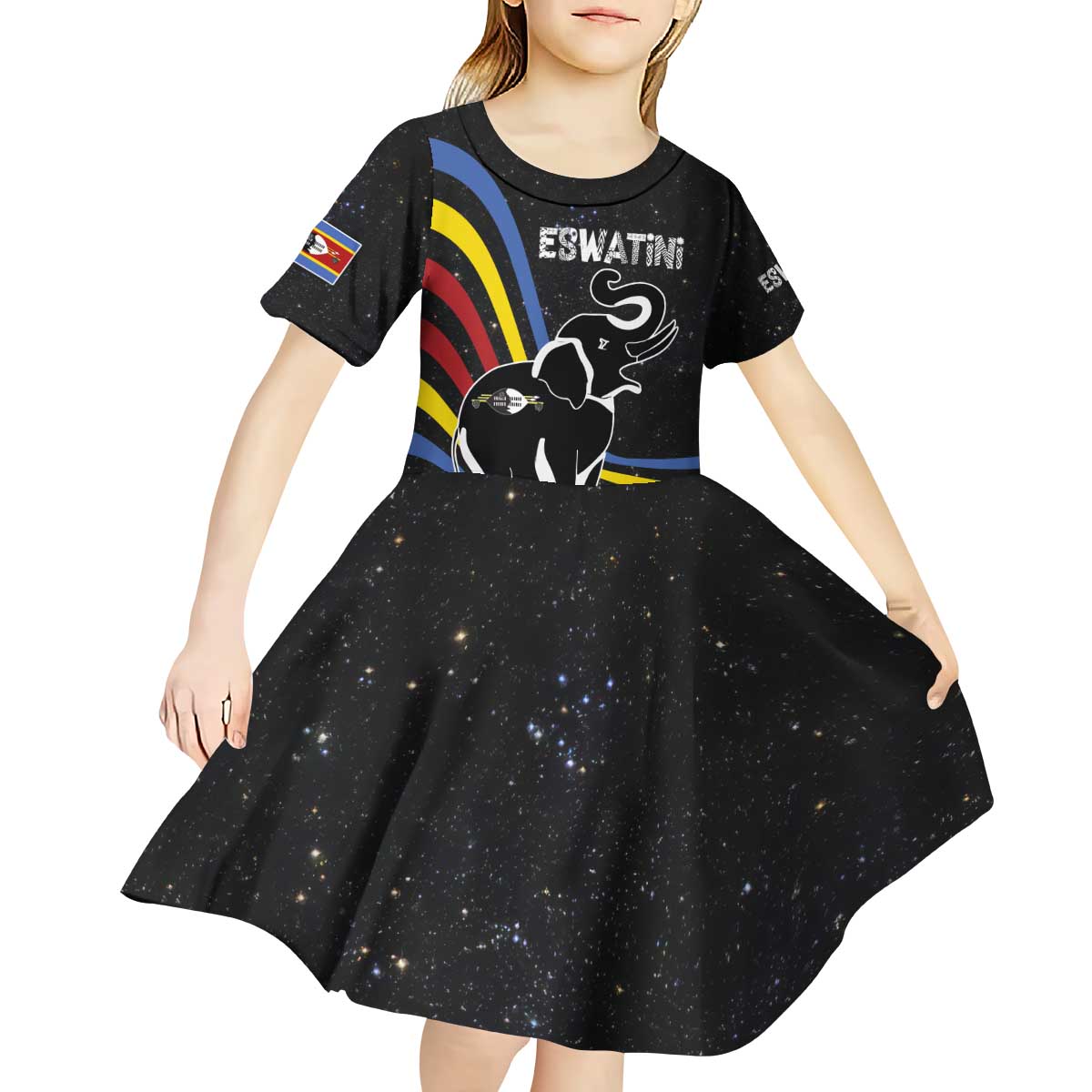 Eswatini Elephant Kid Short Sleeve Dress with Cosmic Background and Swazi Flag Colors