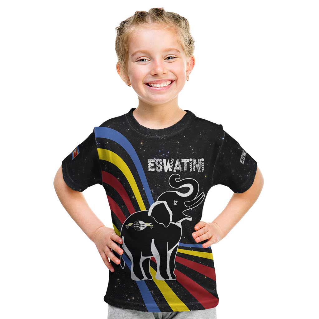 Eswatini Elephant Kid T Shirt with Cosmic Background and Swazi Flag Colors