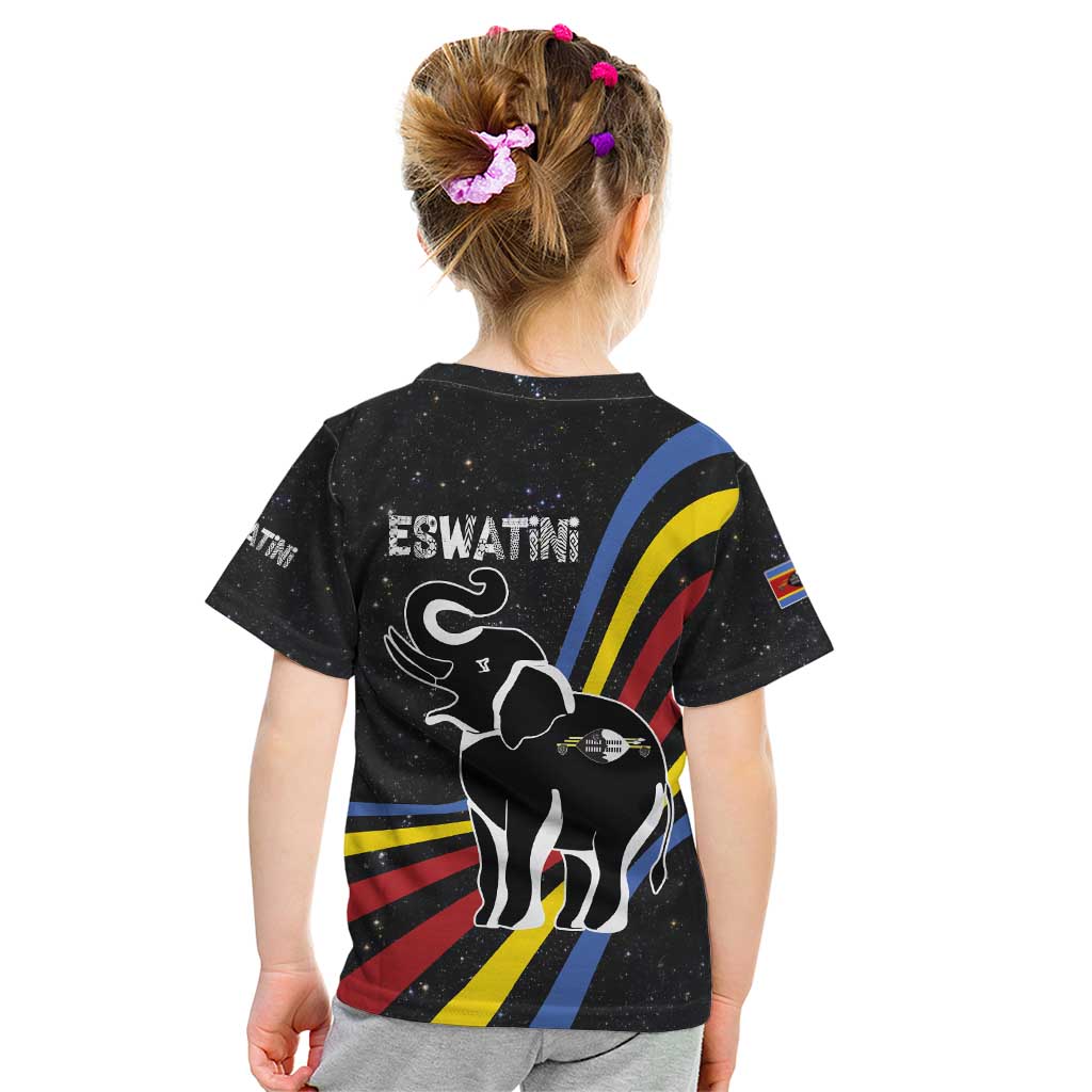 Eswatini Elephant Kid T Shirt with Cosmic Background and Swazi Flag Colors
