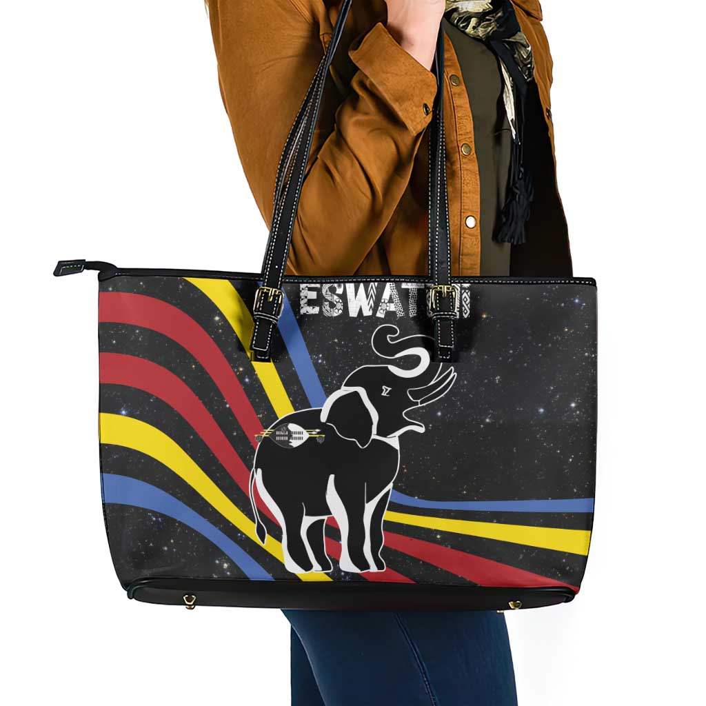 Eswatini Elephant Leather Tote Bag with Cosmic Background and Swazi Flag Colors