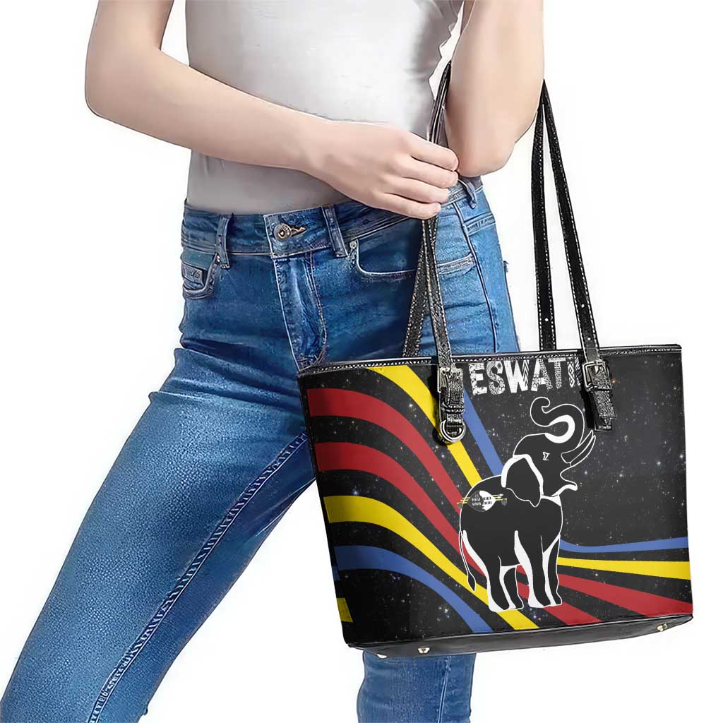 Eswatini Elephant Leather Tote Bag with Cosmic Background and Swazi Flag Colors