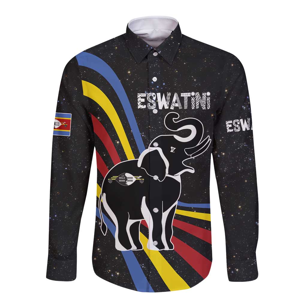 Eswatini Elephant Long Sleeve Button Shirt with Cosmic Background and Swazi Flag Colors