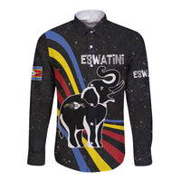 Eswatini Elephant Long Sleeve Button Shirt with Cosmic Background and Swazi Flag Colors