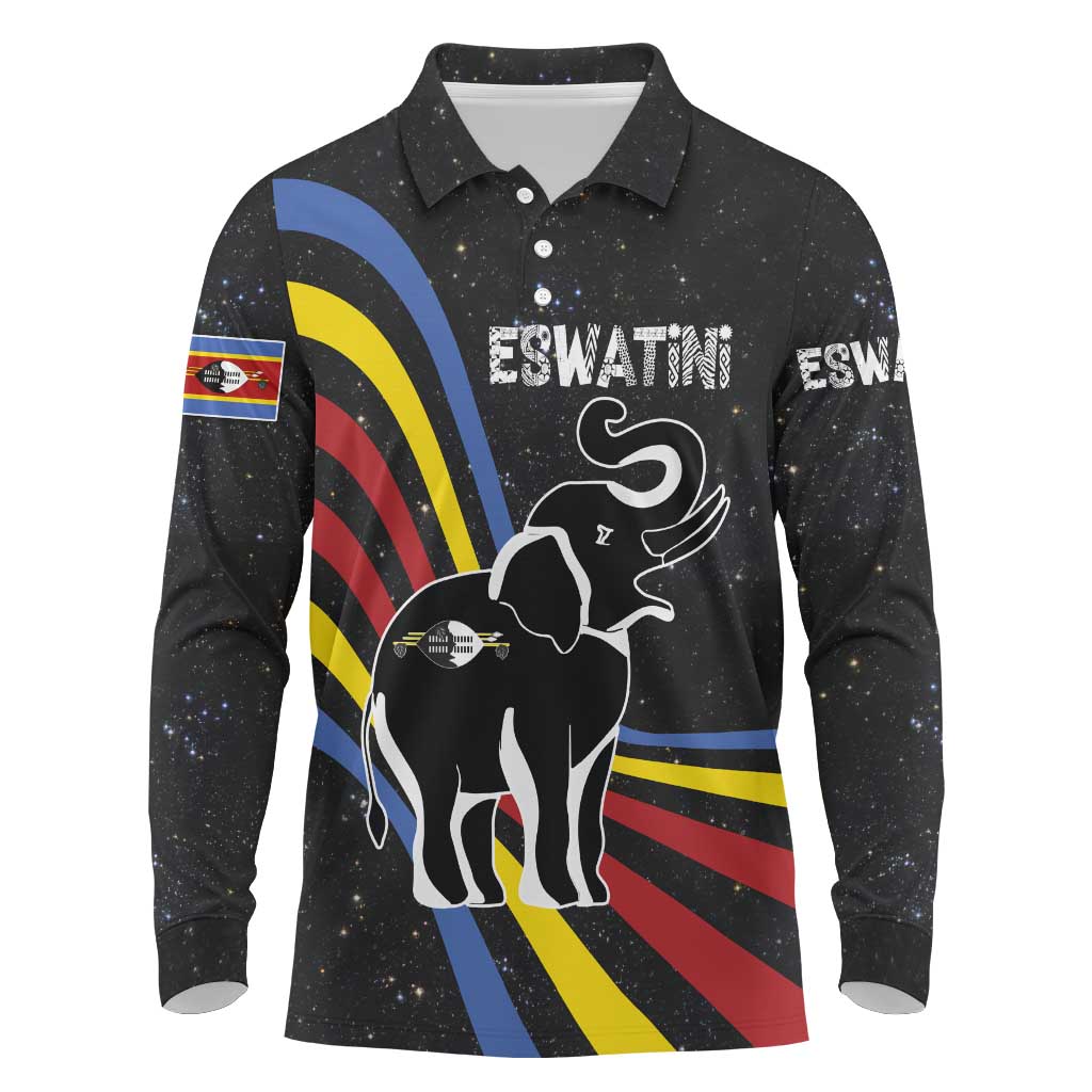 Eswatini Elephant Long Sleeve Polo Shirt with Cosmic Background and Swazi Flag Colors