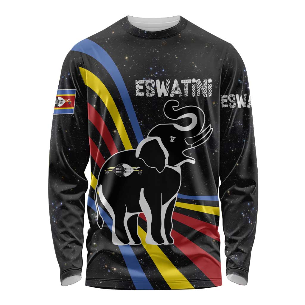 Eswatini Elephant Long Sleeve Shirt with Cosmic Background and Swazi Flag Colors