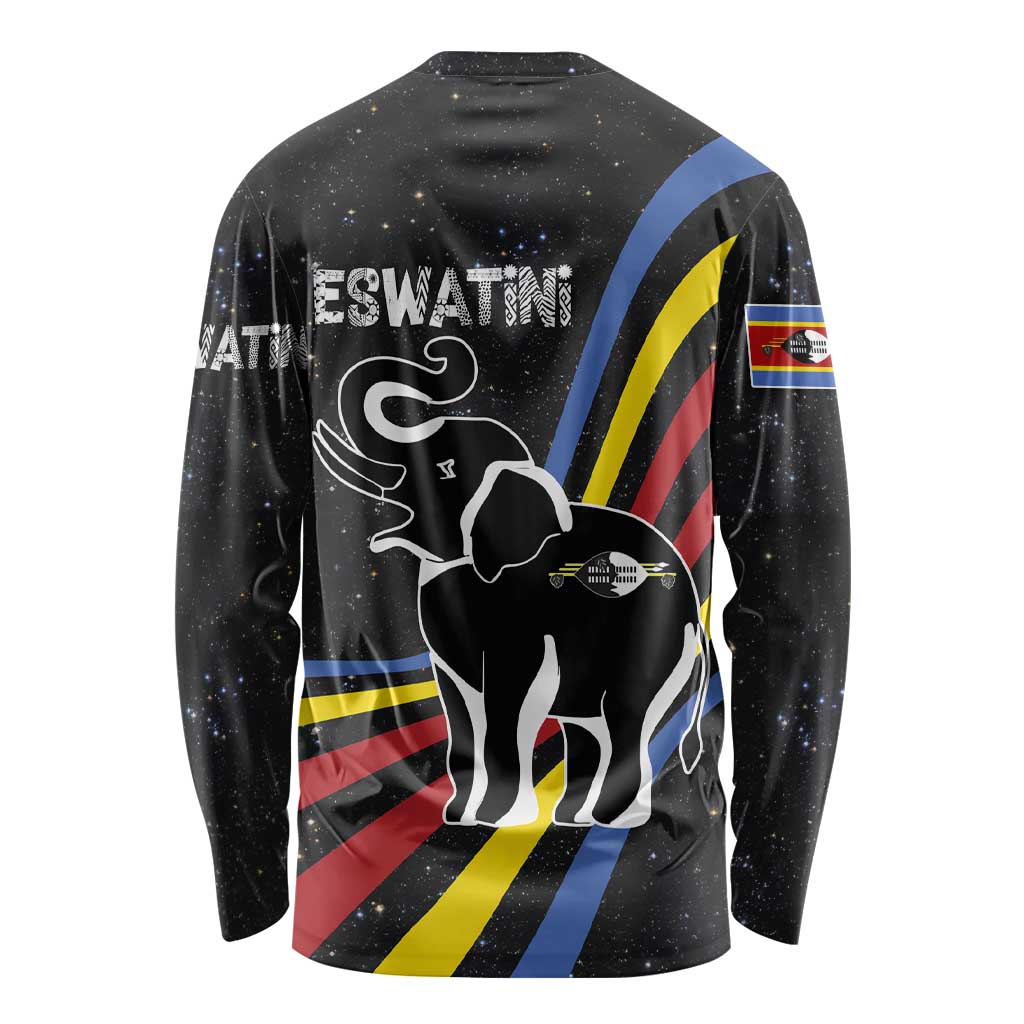 Eswatini Elephant Long Sleeve Shirt with Cosmic Background and Swazi Flag Colors