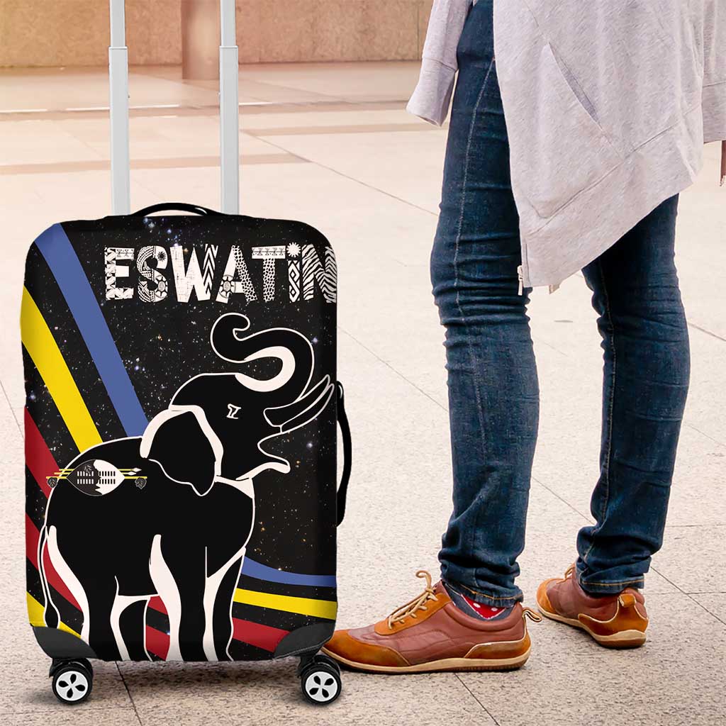 Eswatini Elephant Luggage Cover with Cosmic Background and Swazi Flag Colors