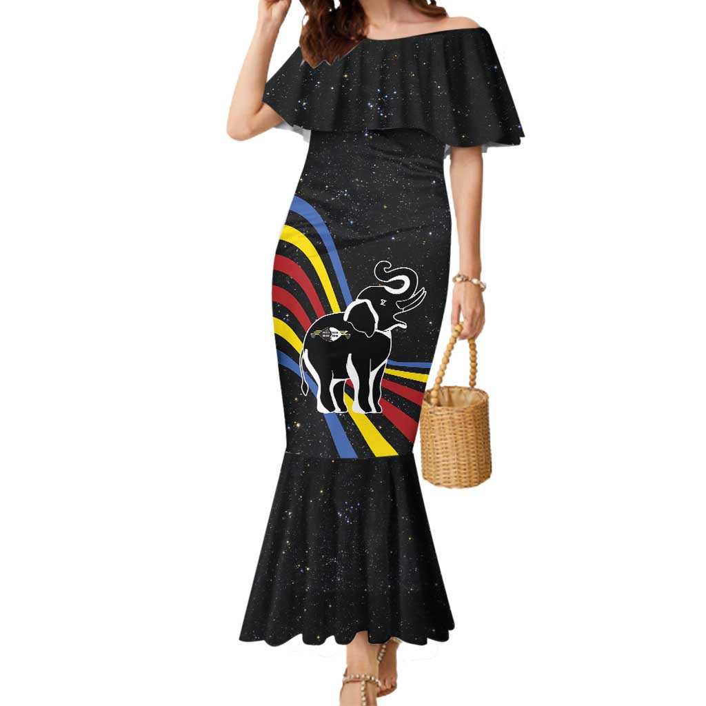 Eswatini Elephant Mermaid Dress with Cosmic Background and Swazi Flag Colors
