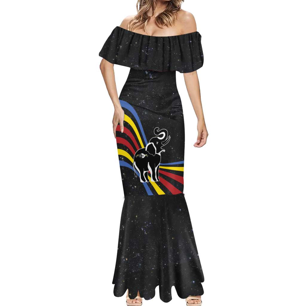 Eswatini Elephant Mermaid Dress with Cosmic Background and Swazi Flag Colors
