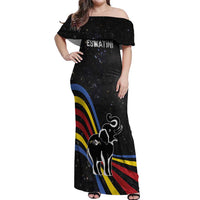 Eswatini Elephant Off Shoulder Maxi Dress with Cosmic Background and Swazi Flag Colors