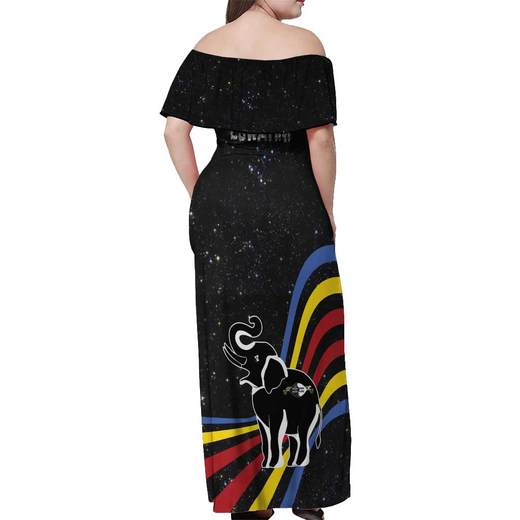 Eswatini Elephant Off Shoulder Maxi Dress with Cosmic Background and Swazi Flag Colors