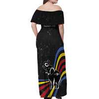 Eswatini Elephant Off Shoulder Maxi Dress with Cosmic Background and Swazi Flag Colors