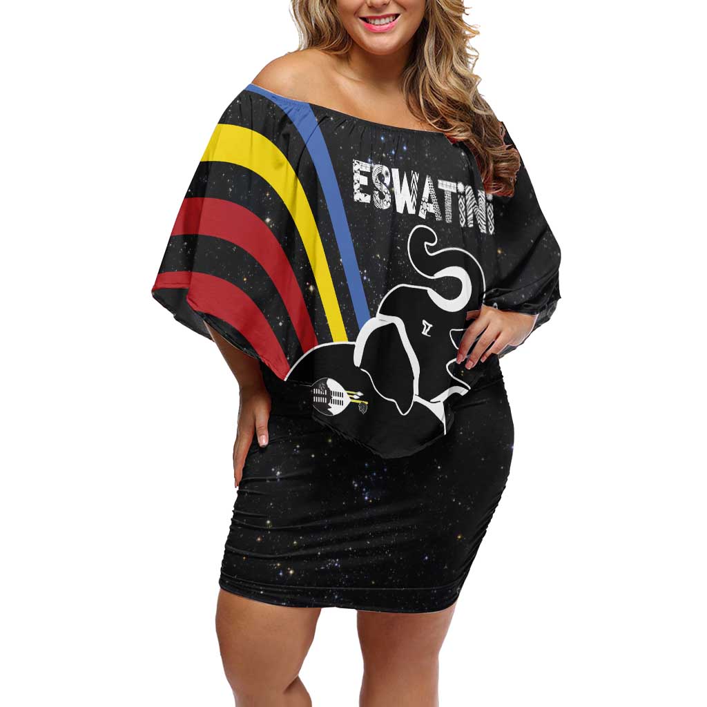 Eswatini Elephant Off Shoulder Short Dress with Cosmic Background and Swazi Flag Colors