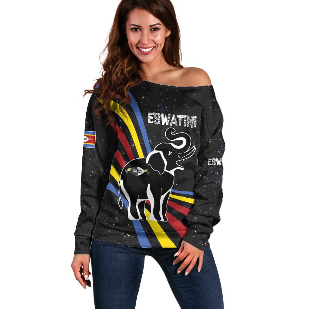 Eswatini Elephant Off Shoulder Sweater with Cosmic Background and Swazi Flag Colors