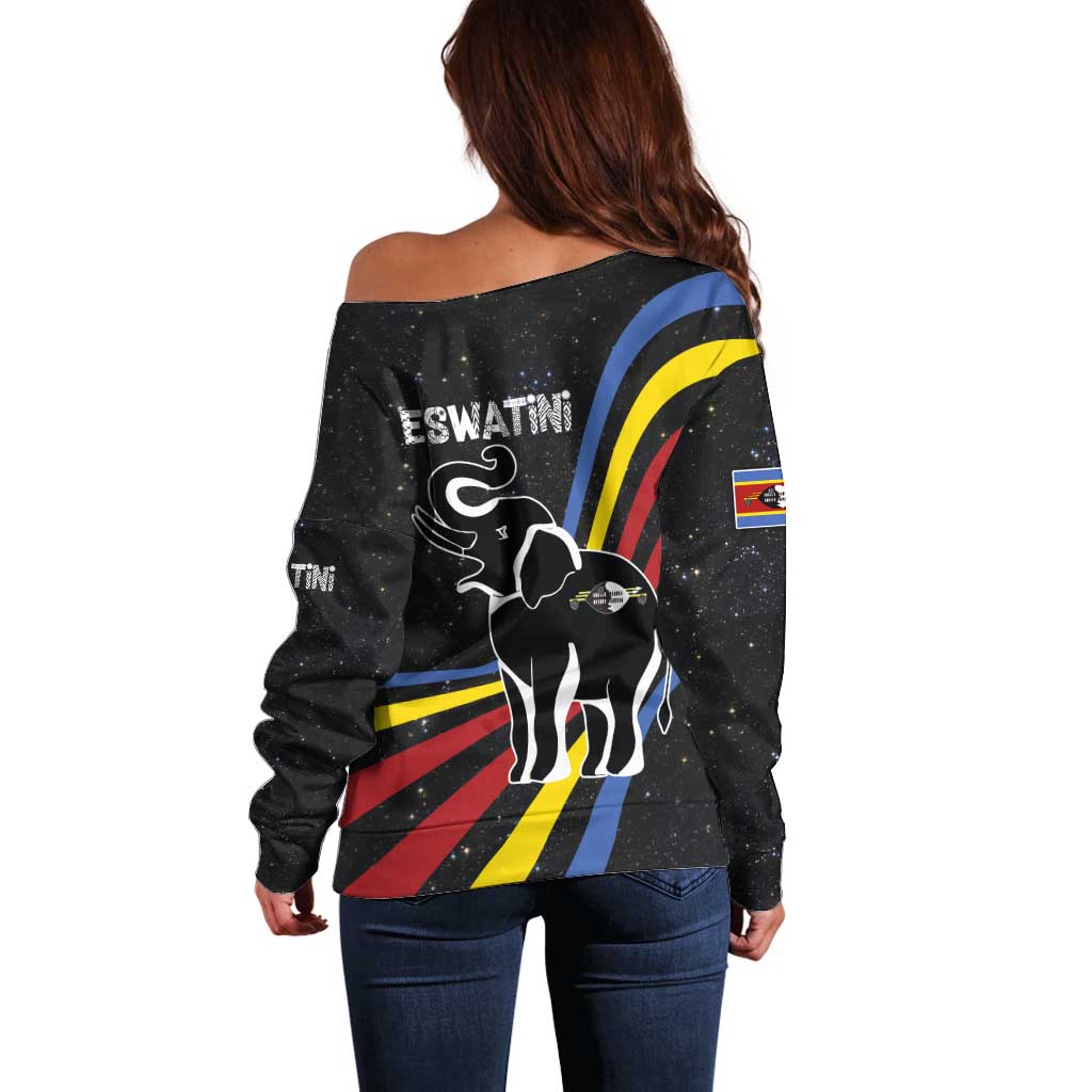 Eswatini Elephant Off Shoulder Sweater with Cosmic Background and Swazi Flag Colors