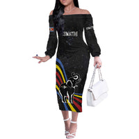 Eswatini Elephant Off The Shoulder Long Sleeve Dress with Cosmic Background and Swazi Flag Colors