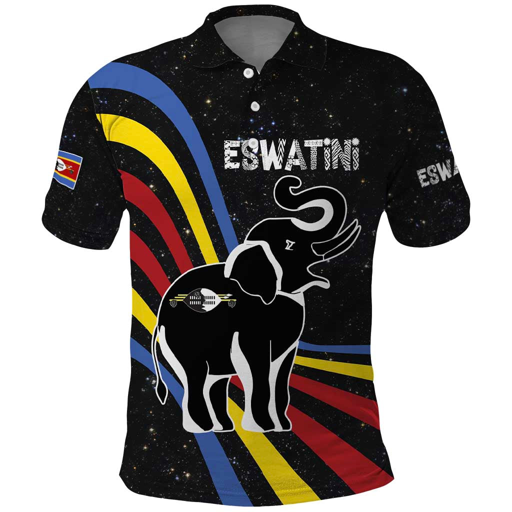 Eswatini Elephant Polo Shirt with Cosmic Background and Swazi Flag Colors