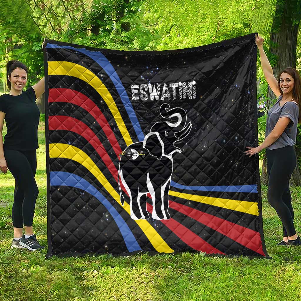 Eswatini Elephant Quilt with Cosmic Background and Swazi Flag Colors