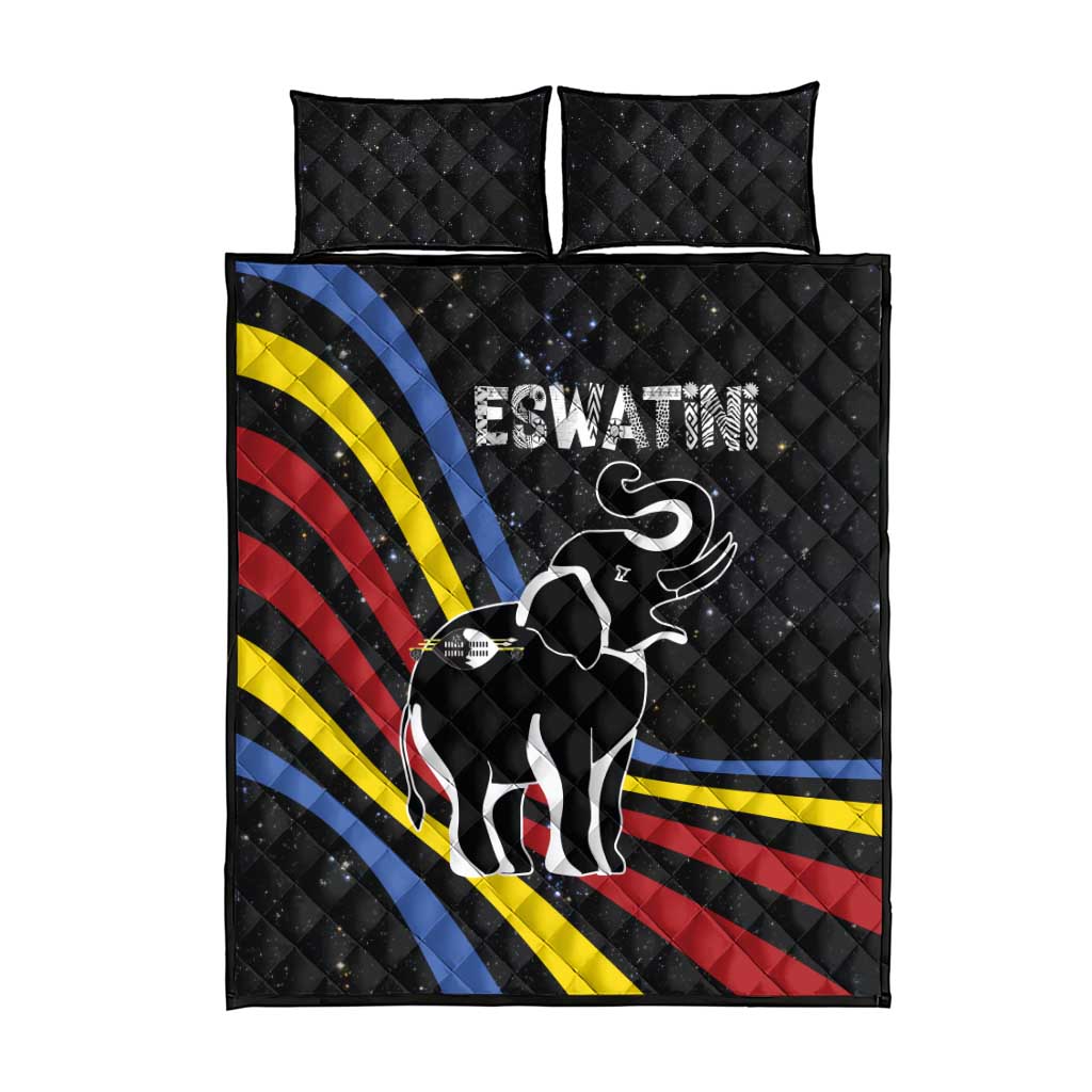 Eswatini Elephant Quilt Bed Set with Cosmic Background and Swazi Flag Colors
