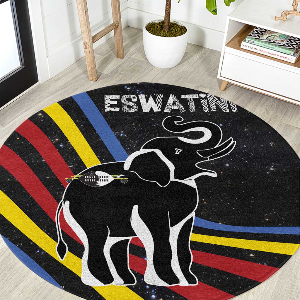 Eswatini Elephant Round Carpet with Cosmic Background and Swazi Flag Colors