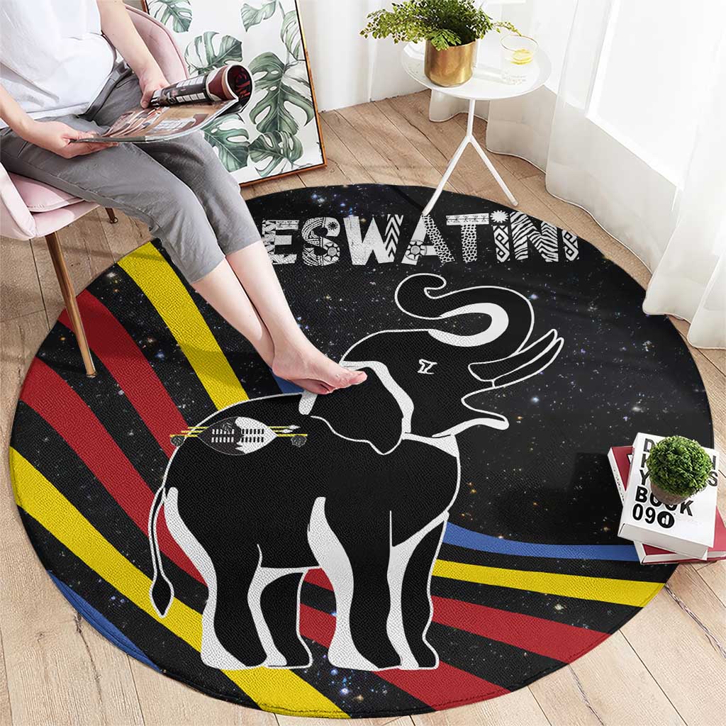 Eswatini Elephant Round Carpet with Cosmic Background and Swazi Flag Colors